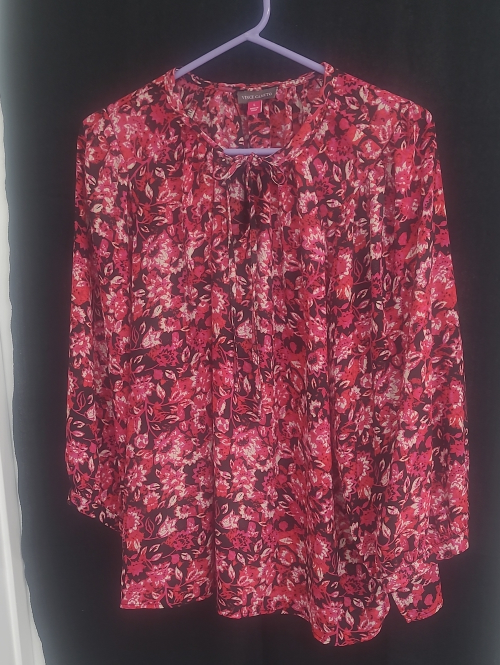 Vince Camuto Pink and Black Floral Tie-Neck Blouse